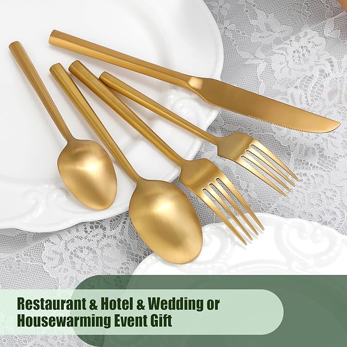 DEACORY Silverware Set Flatware Set Matte Gold Cutlery Set Brushed Brass Heavy Hexagon Handle Stainless Steel 20 Pieces Dishwasher Safe Service for 4