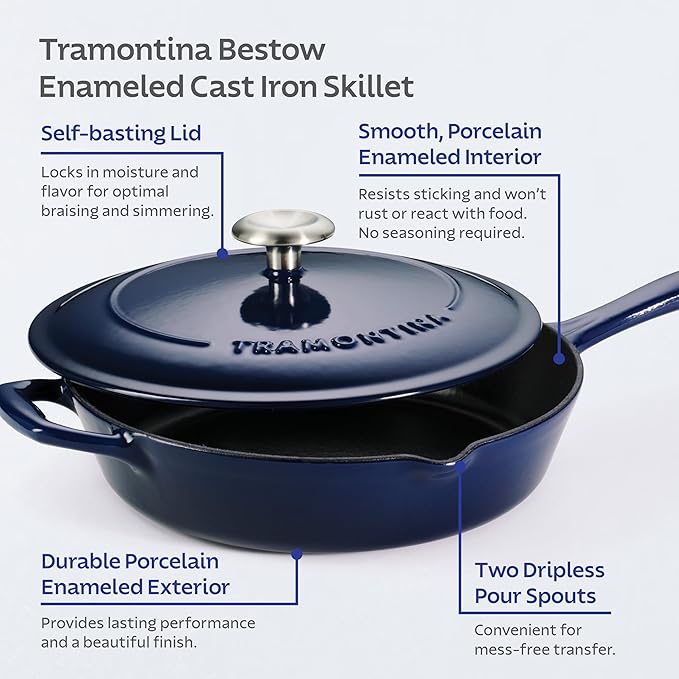 Tramontina Bestow Enameled Cast Iron Skillet with Lid, 10-inch Frying Pan, Blue