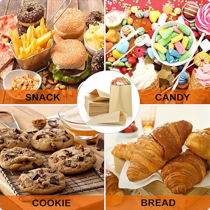 Small Sandwich Bags, oil proof and water proof Paper Snack Bag,Donut Bags To Go, 100 Pcs Small Bakery Paper Bags for Treat, Snack, Cookie Packaging, Brown(12cm*16cm)