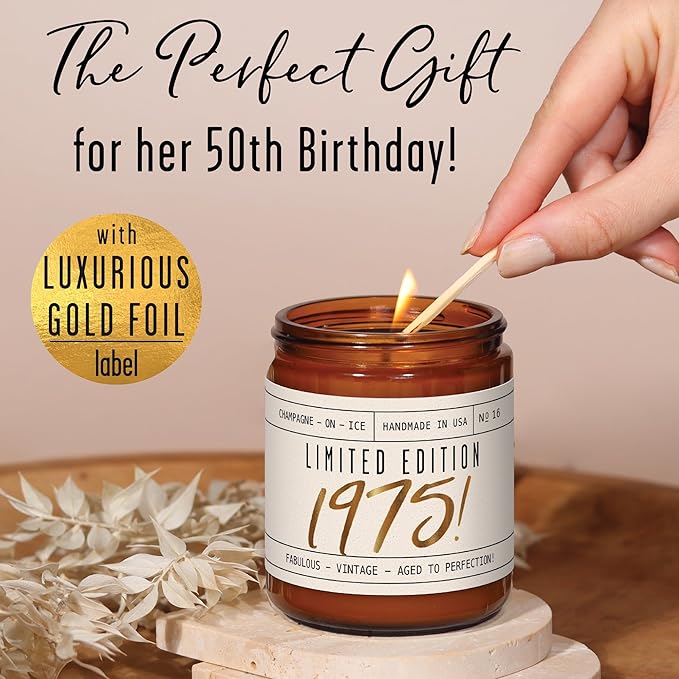 50th Birthday Gifts for Her, 50th Birthday Gifts for Women - 'Limited Edition 1975' Soy Candle, w/Champagne on Ice I 50 Year Old Gift for Women I 9oz Reusable Jar, 50Hr Burn, Made in USA