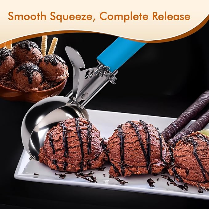 Ice Cream Scoop with Trigger, 2 OZ Scoop, #16 Disher, Muffin Scoop, Large Cookie Scoops for Baking, Blue Handle, for Portion Control, Dishwasher Safe, Comfortable Grip