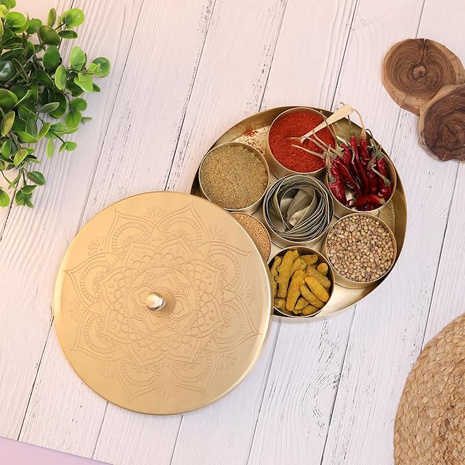 Brass Round Spice Box Masala Dabba-Spice Box Set With Spoon Container 90 ML Indian Masaladanni for Kitchen Counter With Spoon (Floral, 9 Inch (Large Family))