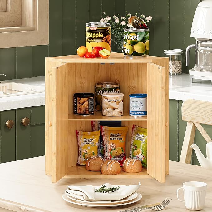 Corner Bread Box for Kitchen Counter Double Layer Bamboo Bread Storage Container Large Capacity Bread Storage Bin Farmhouse Breadbox Organizer (Bamboo Natural)