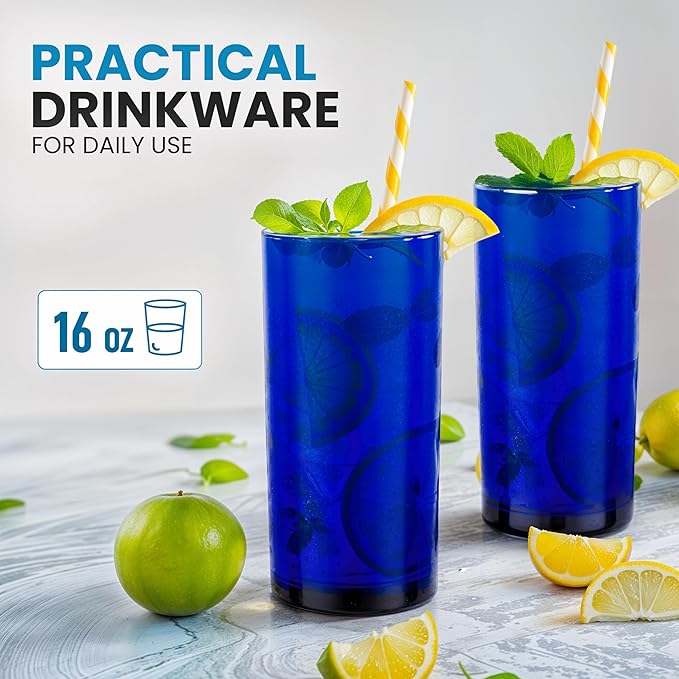 Zulay Kitchen Acrylic Glasses Drinkware - 6 Piece Unbreakable Plastic Tumblers - BPA-Free, Reusable Plastic Drinking Glasses for Home & Outdoors - Stackable, Lead-Free, Dishwasher Safe, Dark Blue 16oz