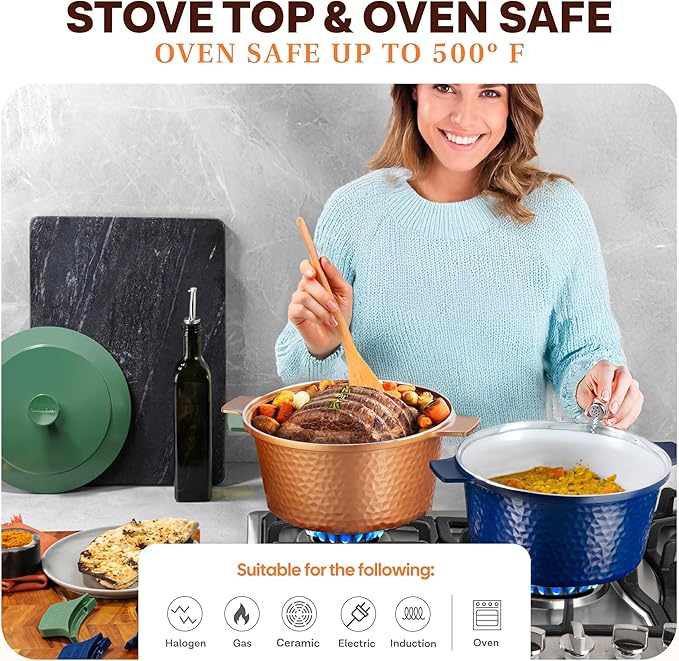 Gotham Steel Hammered 5 Qt Lightweight Dutch Oven Pot with Lid & Holders, Ceramic Non Toxic, Oven Safe & Even Heat Retaining Dutch Oven for Bread Baking Sourdough, Soup, 70% Lighter than Cast Iron