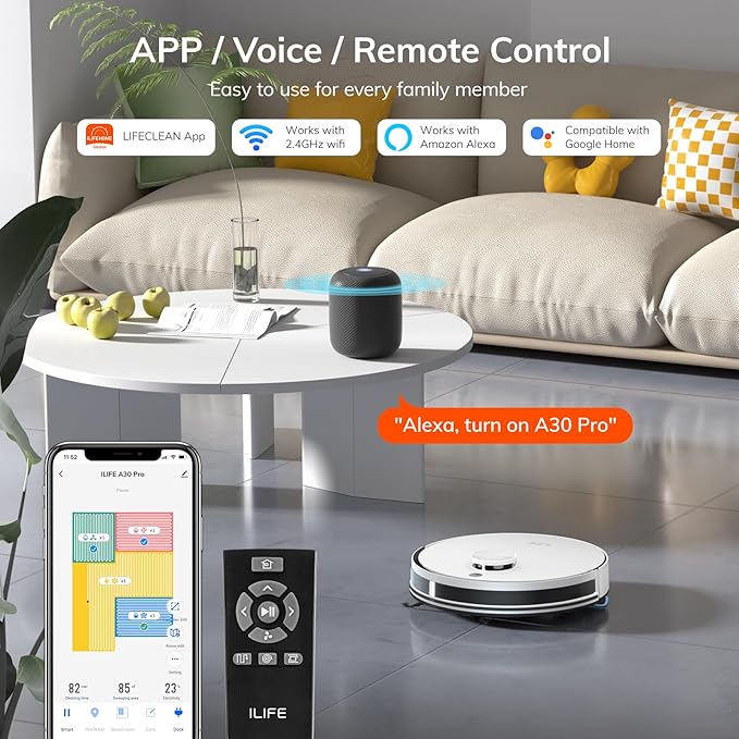 ILIFE A30 Pro Robot Vacuum and Mop, Self Emptying Station for 60 Days, 5000Pa Suction, LiDAR Navigation, No-Go Zones, 2.4G WiFi/App/Alexa/Remote Control, Roller Brush for Carpet, Hard Floors, 110V