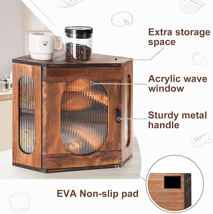 Sunhoo Bread Box for Kitchen Countertop Corner Bread Storage Wooden Breadbox Container 2 Layer Bread Holder Keeper Large Farmhouse Bread Bin Shelf for Homemade Pantry Vintage Acrylic Window(Brown)
