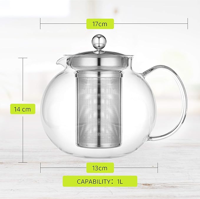 LHS Glass Teapot with Stainless Steel Infuser, Borosilicate Glass Teapot Kettle for Loose Leaf Tea, Blooming Tea, Cold Brew, 1000ml