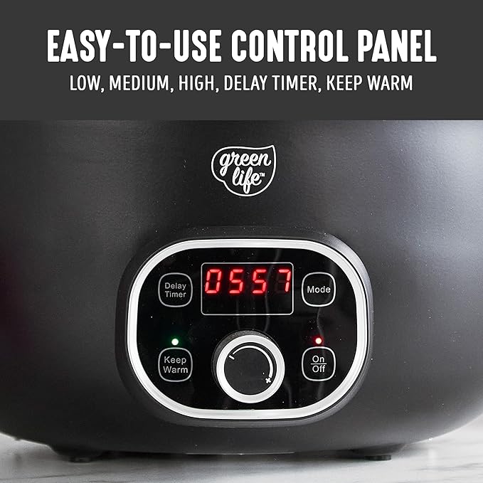 GreenLife 8QT Slow Cooker, Non-Toxic PFAS-Free Ceramic Nonstick Removable Interior Bowl, Programmable, Family Friendly, Keep Warm, Stovetop & Oven Safe, Dishwasher Safe Crock, Timer, Glass Lid, Black