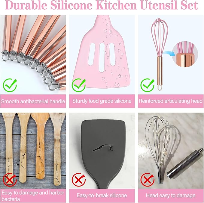 Kitchen Utensil Set with Holder, 22 Pcs Silicone Cooking Utensils Set for Nonstick Cookware, Heat Resistance Spatula Set, Stainless Steel Handle Kitchen Gadgets Utensils Set(Pink)