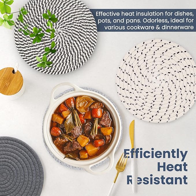 Trivets for Hot Dishes, 8 Inch for Pots and Pans, Thicken Heat Resistant With Storage Basket, Pot Holders for Kitchen, Hot Pads Kitchen Essentials, 5 Pcs