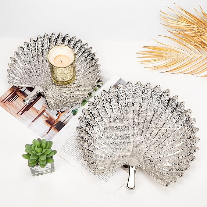Silver Leaf Decorative Serving Tray for Table Centerpiece 10"+12" Ceramic Leaf-Shaped Trinket Dish, Candle Tray, Vanity Organizer, Coffee Table Decor, Modern Glam Home Decor, Gifts for Women