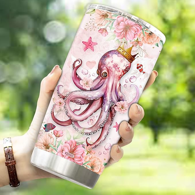 Octopus Tumbler 20oz Cute Animal Gift for Women, Girls Who Freaking Love Octopuses Lovers Flower Perfect Birthday Christmas Valentine Wife Daughter Insulated Stainless Steel Coffee Cup with Lid