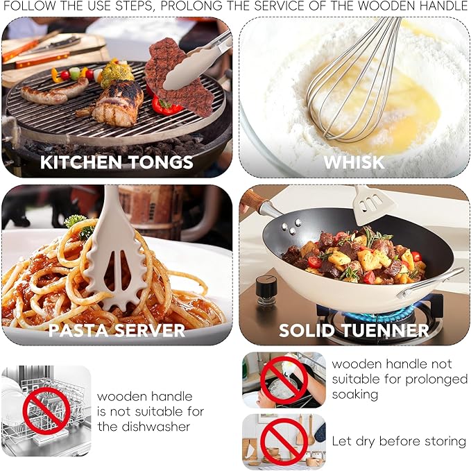 12 Pcs Kitchen Utensils Set, 446°F Heat Resistant Silicone Cooking Utensils Set, Non-Toxic Wooden Utensil Set, Kitchen Gadgets Tools Set for Nonstick Cookware, Kitchen Accessories, Khaki