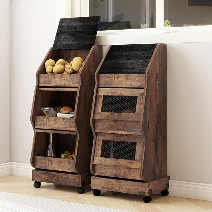 ARTETHYS Potato Storage Bin Movable Bread Box with Lid Rustic and Wheels Onion Organizer with Grocery Section Decorative Vegetable Organization Cabinet for Kitchen