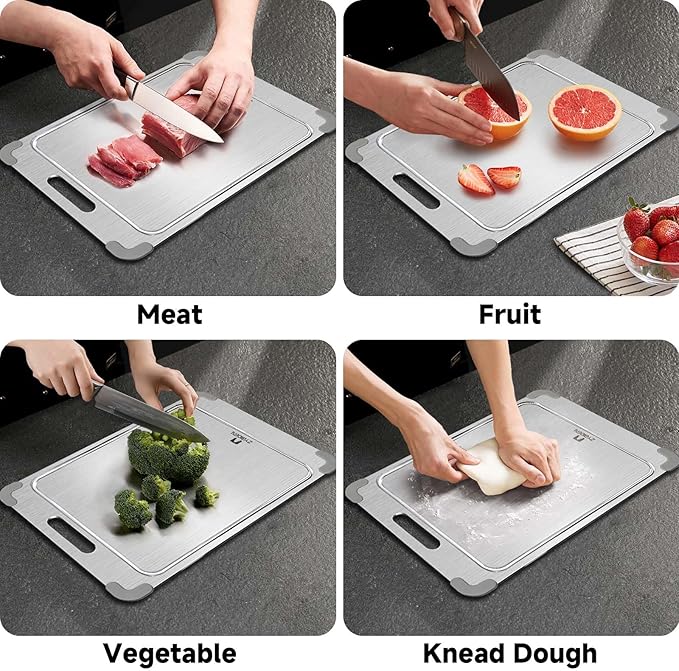 100% Pure Titanium Cutting Board with Grooves, Update Double Side Titanium Chopping Board, Silicone Anti-slip Stainless Cutting Boards for Kitchen 11 * 15 IN, Grey