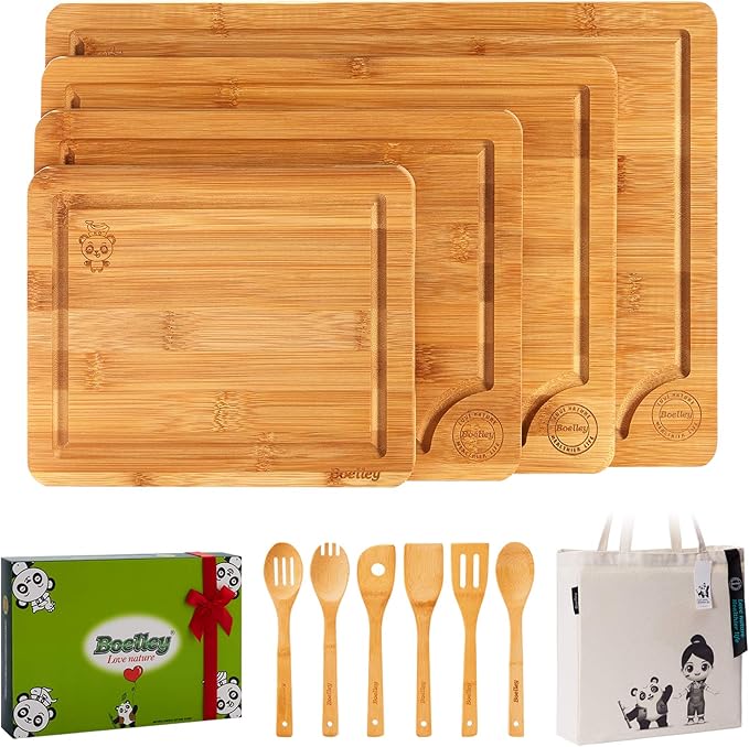 Durable Wooden Cutting Boards for Kitchen-Bamboo Cutting Board Set with Juice Groove-Charcuteries & Chopping Butcher Block for Meat,Vegetables,Fruits Serving ideas Home Cooks Kitchen Gift 11-Piece