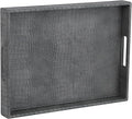 HofferRuffer Rectangle Serving Tray with Hole Handles for Coffee Table, Breakfast, Tea, Food, Butler - Countertop, Kitchen, Vanity Serve Tray, 16.2 x 12.2 x 2 inches, Faux Leather Tray (Dark Grey)