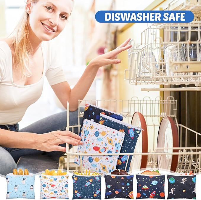 Chumia 6 Pcs Reusable Snack Bags Christmas Gifts Food Safety Washable Snack Bags Lunch with Zipper Portable Sandwich Bag Food Storage Pouch Double Layer(Astronaut,7 x 7 Inches)