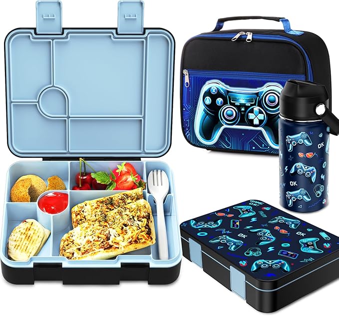 Bevalsa Kids Bento Lunch Box with 6 Compartment, Stainless Steel Metal Water Bottle, Insulated Bag & Utensils, BPA-Free Leakproof Food Container for School Boys Girls, Back To School Gift