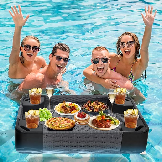 COOS BAY 35''x24'' Rectangular Floating Drink Holder for Pool and Hot Hub, Large Floating Serving Tray with Handles, Wicker Floating Pool Tray for Food and Drinks, Gray