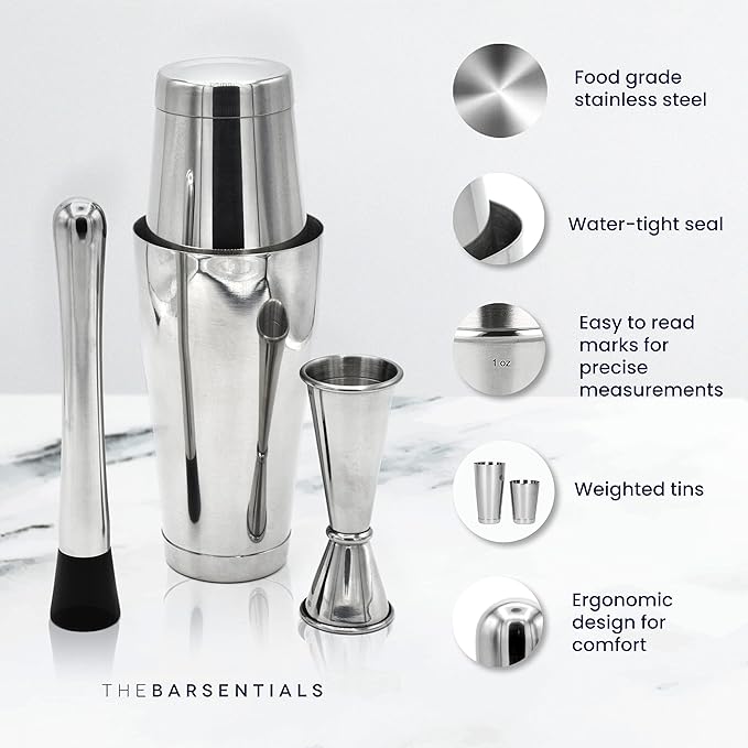Boston Shaker Set for Cocktails with 28oz and 18oz Weighted Tins, Professional Muddler and Jigger - Stainless Steel Bar Tools (4pc set)