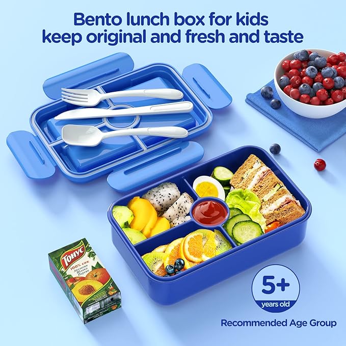 Jelife Bento Lunch Box - Kids Prints Leakproof 4 Compartments Large Bento-Style Bento Box Toddler Lunchbox Containers with Tableware Back to School, Reusable On-the-Go Meal and Snack Packing, Dianosar