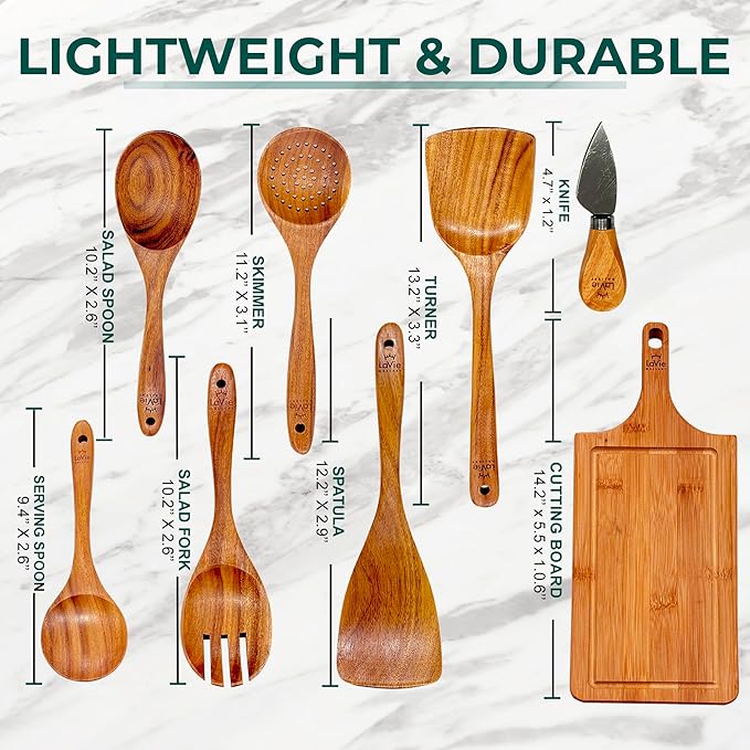 Teak Wooden Cooking Spoons Set -8-Piece Nonstick Cookware - Handmade Wooden Teak-Bamboo Charcuterie Board With Knife - Wooden Kitchen Utensils, Ideal Gift Set For Weeding,Birthday