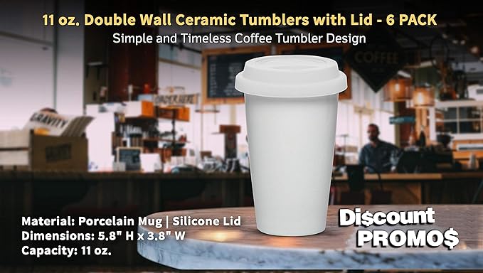 DISCOUNT PROMOS 11 oz. Double Wall Ceramic Tumblers with Lid - 6 Pack - White