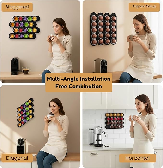 Bamboo Coffee Pod Holder, Adhesive Wall Mount for Cabinet Door, 20-Capsule Storage (Set of 4) — Vertical/Horizontal — Compatible with Nespresso Vertuo Line-Black
