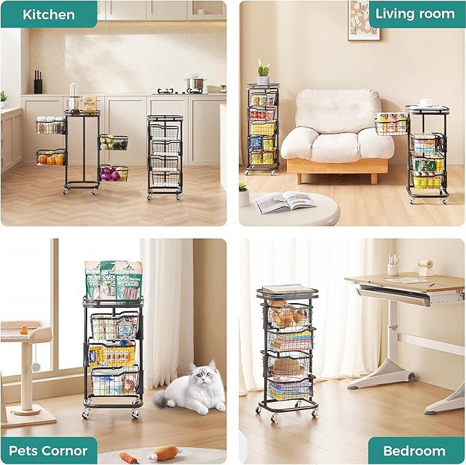 4 Tier Kitchen Fruit Vegetable Storage Cart with One-Piece Rotating Basket, Pantry Organizer Shelf Rack Floor Stand for Veggie Onion Potato Produce Spice, Rolling Snack Cart on Wheels, Black
