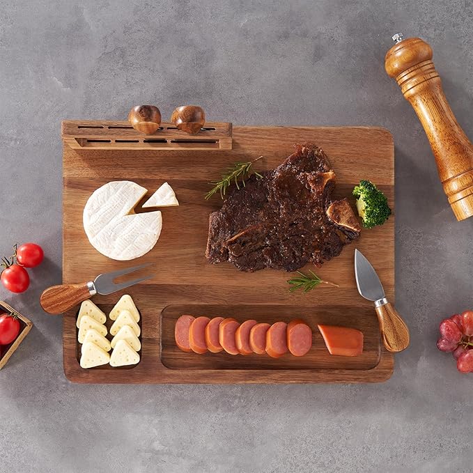 Acacia Wood Charcuterie Board, Cheese Board Set with Magnetic Knife Holder, 14"x 11" Large Serving Tray for Meat and Cheese, Ideal Gift for Anniversary, Christmas, Thanksgiving, Wedding, Halloween