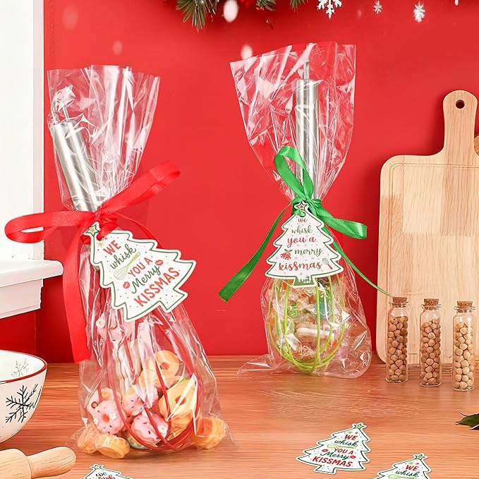 24 Sets 10 Inch Christmas Whisk Baking Gifts, DIY Fillable Christmas Tree Ornaments, Xmas Colored Silicone Whisks for Xmas Employee Neighbor Cooking Supplies Xmas Stocking Stuffers Candy Holder