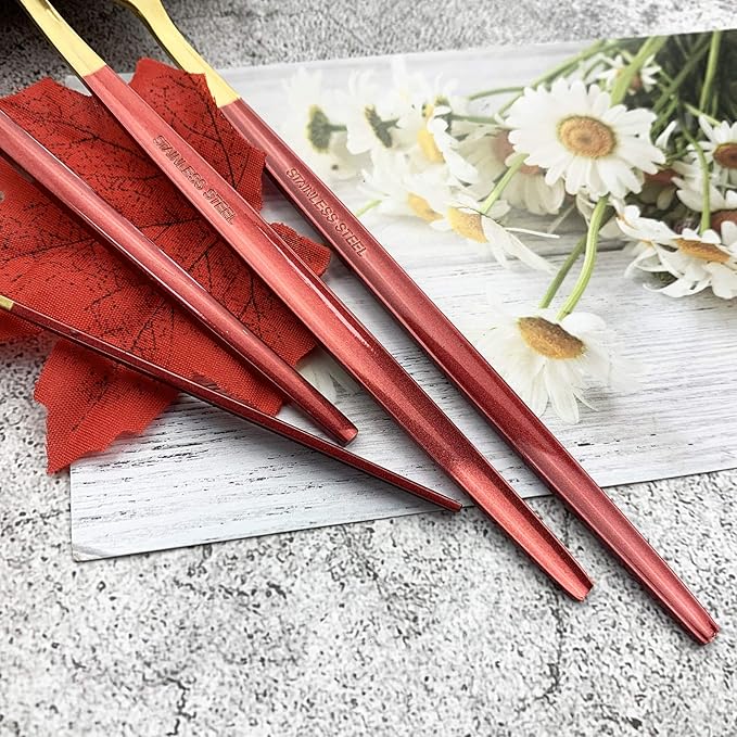 JASHII 18/10 Silver Silverware Set Stainless Steel Flatware Utensils Set Gold Cutlery Set| 36-Piece Modern Cubiertos Dorados| BEST Birthday Wedding Gift (6 sets, Red Handle Gold Mirror Polish)