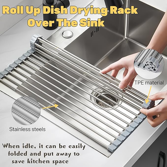 Roll Up Dish Drying Rack, 19.7" x 15.8" Over The Sink Dish Drying Rack, Kitchen Dish Rack Foldable Dish Drainer, Stainless Steel Dish Drying Rack for Kitchen Sink Counter Storage (Grey)