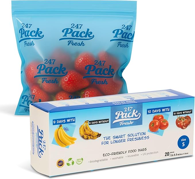 Freshpack 247 Zipper Bag 8×10 inches (0.5 gallon) Size S – Food Storage, Snack & Sandwich Bags, Helps Keep Produce Fresh up to 3× Longer – Biodegradable, BPA-Free, UV-Shielded, Washable, SGS Tested