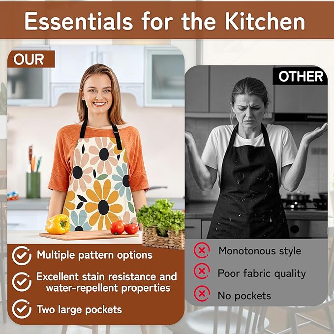 Apron with Pockets for Women, Adjustable Kitchen Cooking BBQ Chef Apron, Gifts for Mom Birthday, or Holidays