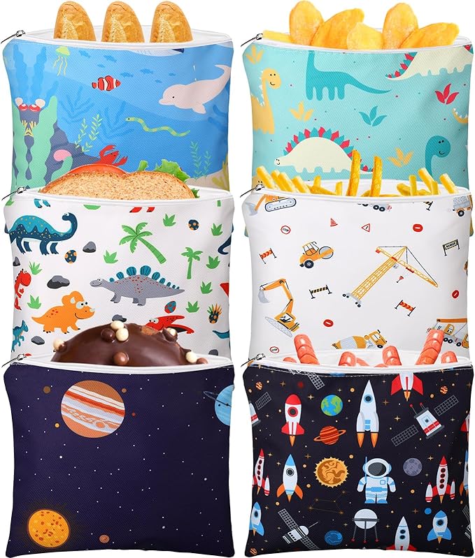 Chumia 6 Pcs Reusable Snack Bags Christmas Gifts Food Safety Washable Snack Bags Lunch with Zipper Portable Sandwich Bag Food Storage Pouch Double Layer(Stylish,7 x 7 Inches)