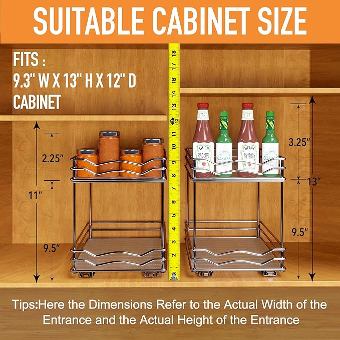 BBV Spice Rack Organizer, Double layer Seasoning Organizer for Cabinet Countertop, Kitchen, Pantry, Sliding Metal Chrome Spice Organization (9 inch)