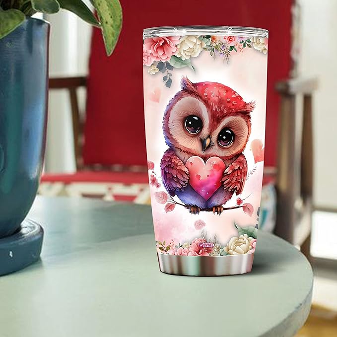 Owl Tumbler 20oz Cute Animal Gift for Women, Girls Who Freaking Love Owls Woodland Lovers Heart Perfect Wife Daughter Insulated Stainless Steel Coffee Cup with Lid