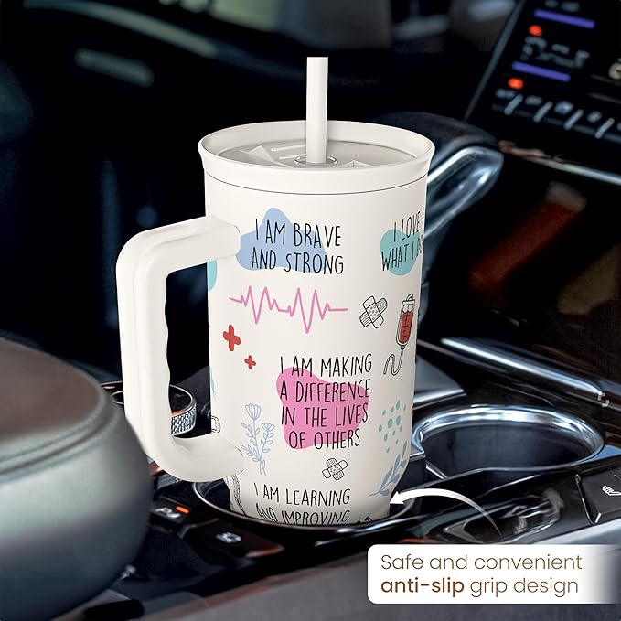 SANDJEST Nurse Tumbler with Handle 40oz, Coffee Travel Mug with Straw, Inspiration Gifts for Women Female Nurses, Nursing Gift for Birthday Christmas Nurse Week