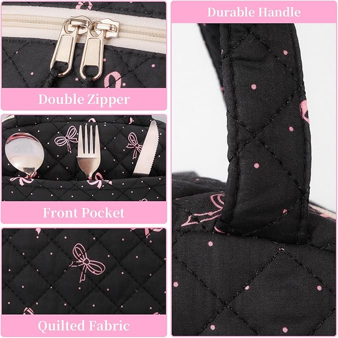 Quilted Lunch Box for Women,Lunch Box for Teen Girls,Cute Black Bow Lunch Bags for Work, School,Office,Picnic,Travel (black bow polka dots)