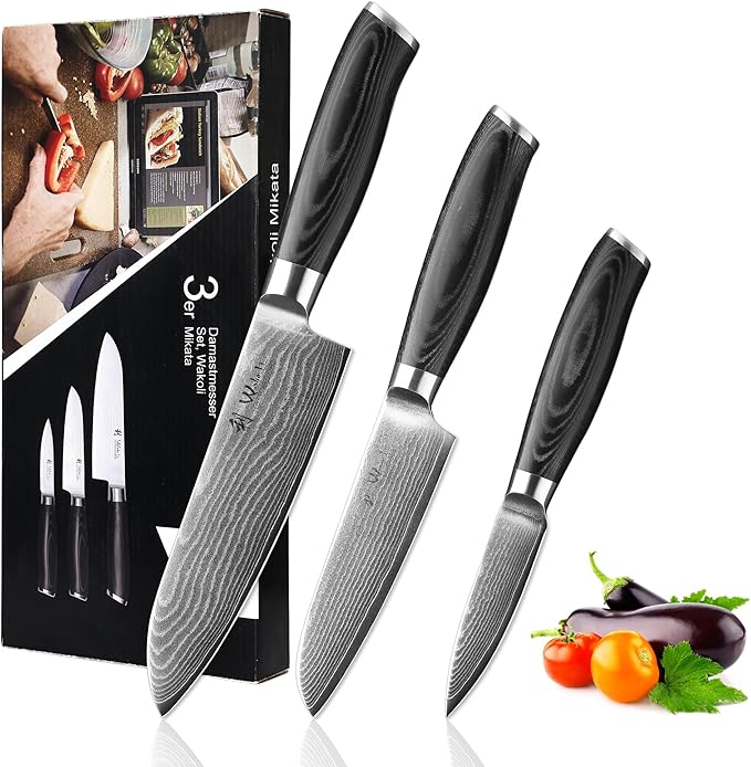 Wakoli Mikata 3-Piece Damascus Knife Set – Professional Kitchen Knife Set with VG10 Core, 67-Layer Damascus Steel and Ergonomic Micarta Handles – Premium Kitchen Knives Gift Set in Elegant Box