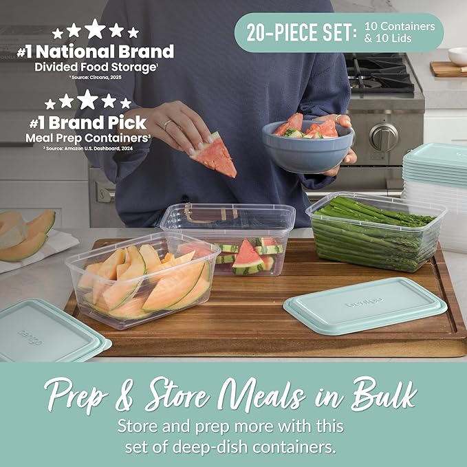 Bentgo Prep - 20-Piece Deep-Dish Storage Containers, Extra-Large 8-Cup Capacity for Meal Prep & Leftovers, Reusable, PFAS & BPA-Free, Durable, Microwave, Freezer, & Dishwasher Safe (Aqua Splash)