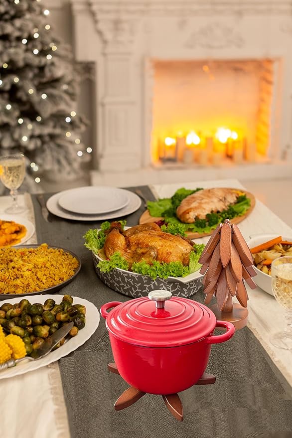 Wooden Trivets for Hot Dishes Mat Coasters Pot Plate Bowl Teapot for Kitchen Natural Foldable Stackable Christmas Tree Black Walnut Set of 4