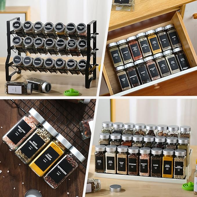 24 Glass Storage Jars- Spice Jars with Label-4oz Spice Containers with Shaker Lids and Silvery Lids,3 Sets of Spice Labels for Spice Rack