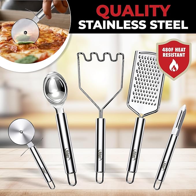 Kaluns 50 PCS Silicone Kitchen Utensils Set Complete Kitchen Set - 800°F Heat Resistant Non-Stick Premium Cooking Utensils W Wooden Handles - Can Opener, Masher, Turner, Silicone Spatula Set