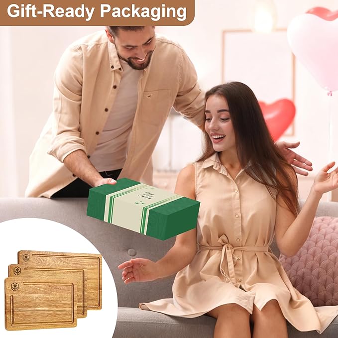 Acacia Wood Cutting Board for Kitchen, Solid Wood Chopping Board with Built-In Handle and Juice Groove, Large Durable Wooden Cutting Boards Set of 3 for Meat, Vegetables and Fruits (Brown)