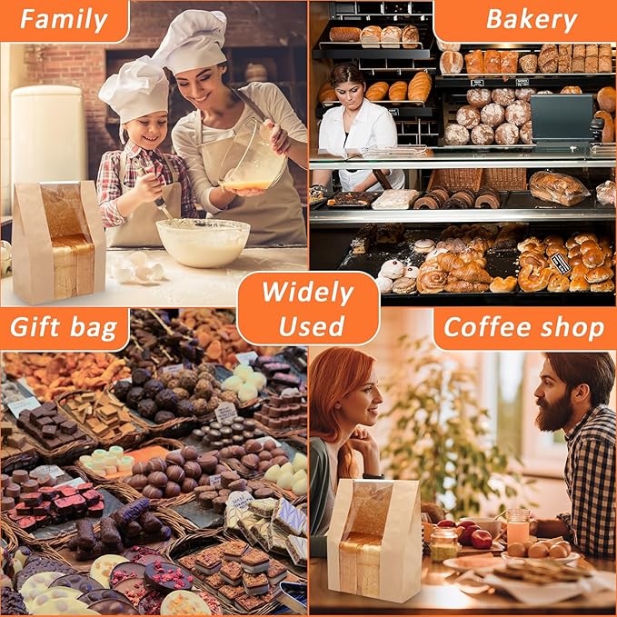 150 Pack Bread Bags for Homemade Bread Sourdough Bread Bags Large Kraft Paper Bakery Bag with Clear Window with Label Seal Stickers for Packaging Baked Food Bread Storage (13.7''x8.2''x3.5'')