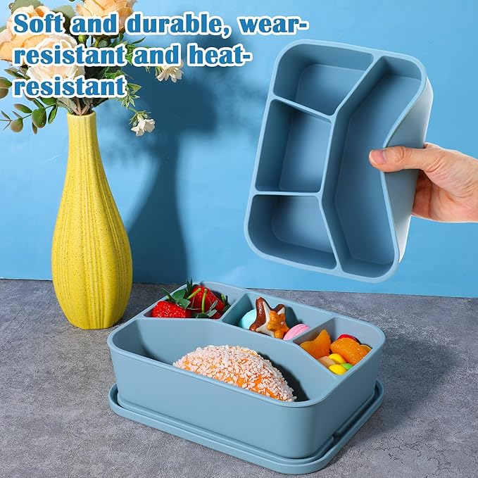 2 Pack Silicone Bento Boxes, 4 Compartment LeakProof Lunch Container, 42 OZ Unbreakable Meal Prep Food Storage Container, Food-Grade Divided Lunch Box for Adult Kid, BPA Free, Oven Dishwasher Safe